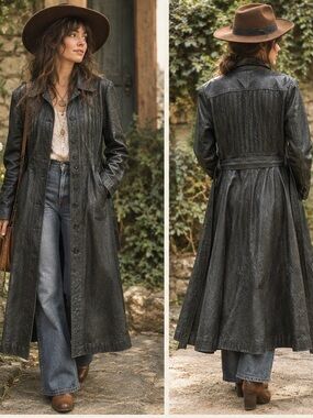 Vintage leather custom made black duster coat